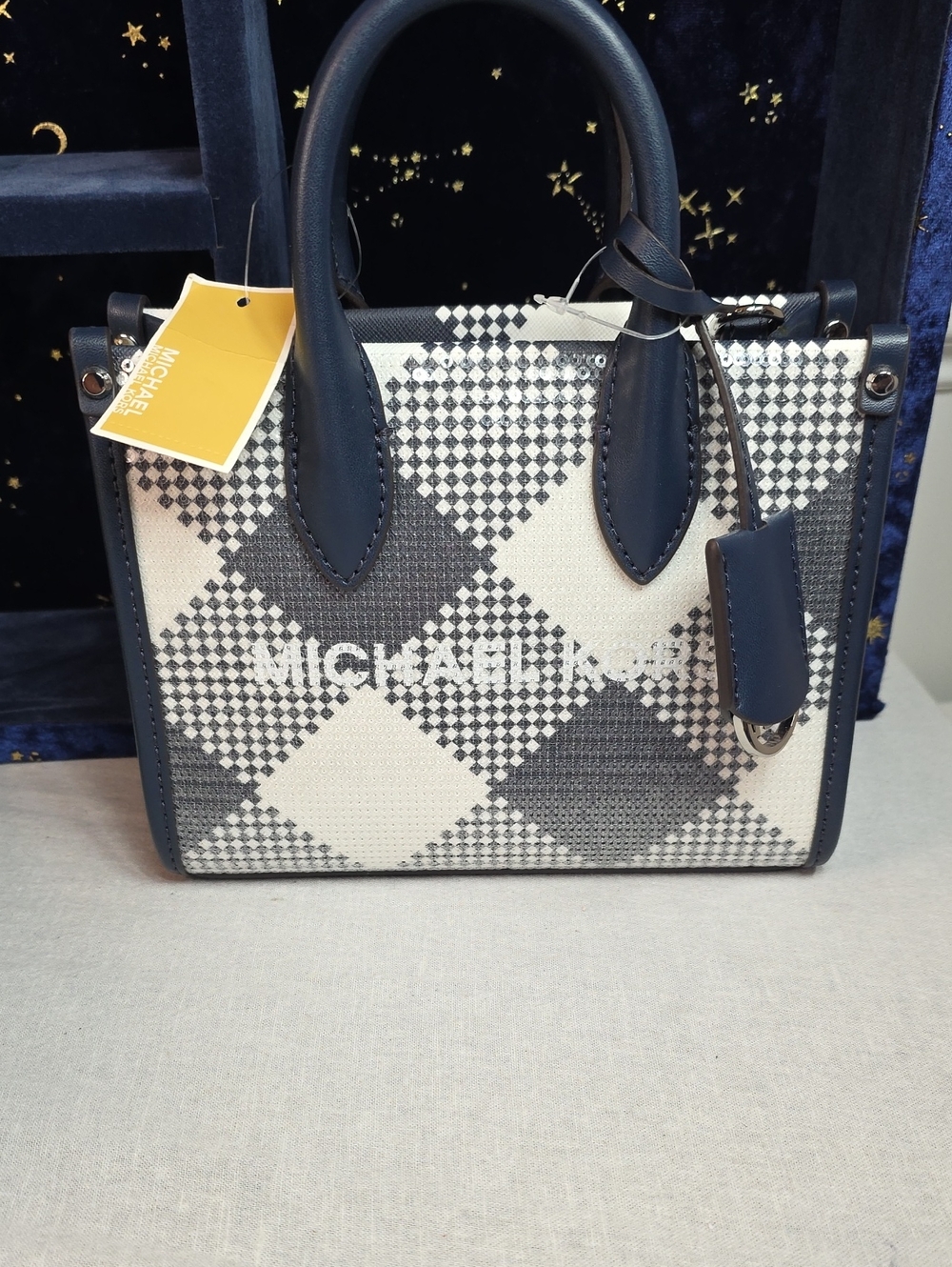 Michael Kors Navy and White Mirella Mini Checkered Satchel